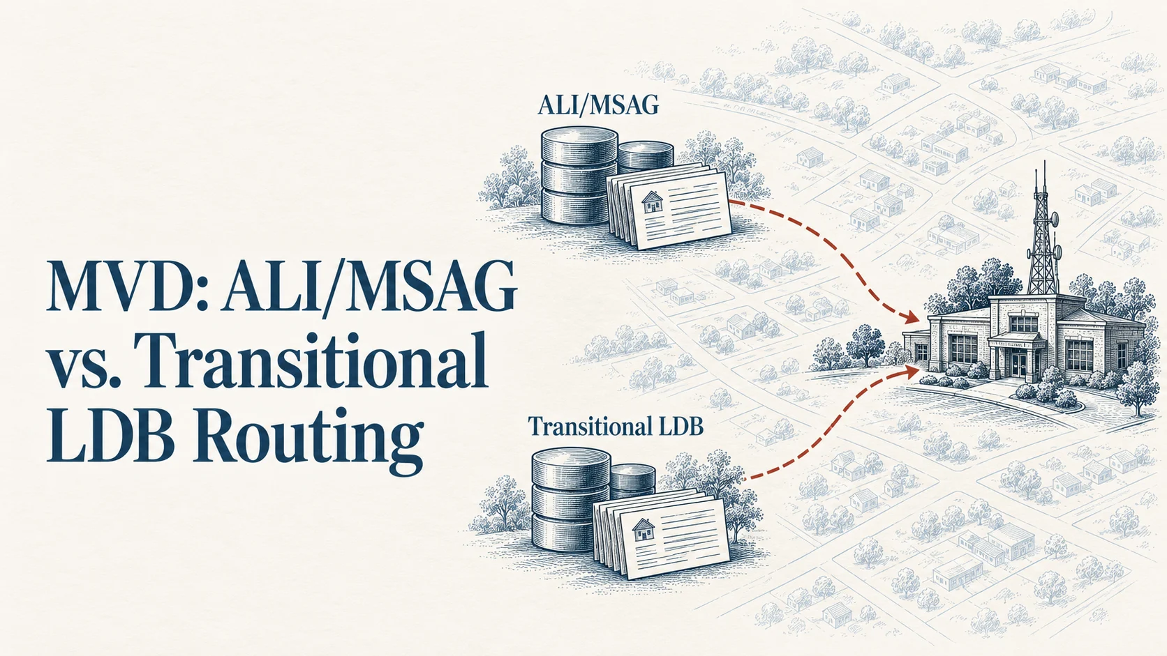 MVD: ALI/MSAG vs. Transitional LDB Routing. Engraved-style illustration of two record databases, one labeled ALI/MSAG and one labeled Transitional LDB, each with a dashed red arrow to the same PSAP building.